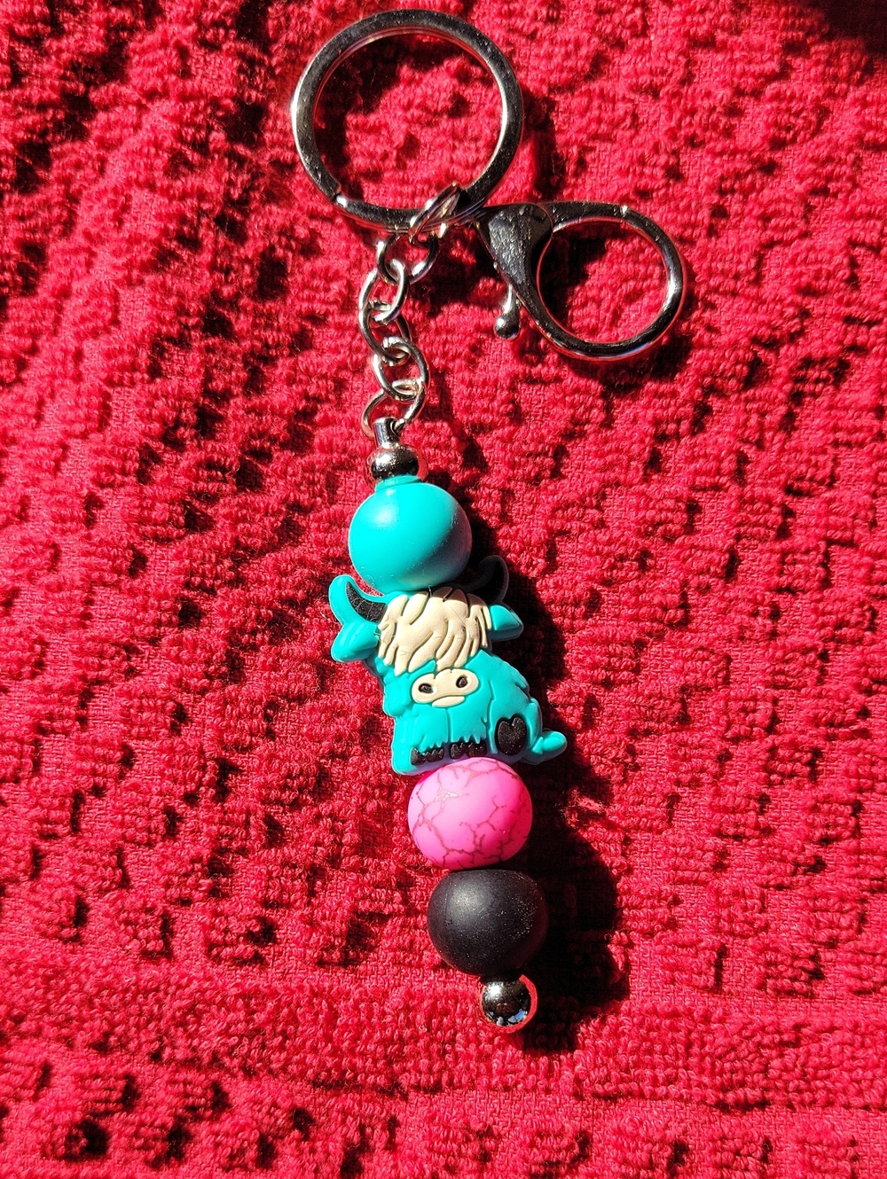 Turquoise Cow Bead Keychain for Kids - Cute Plush-Style Charm